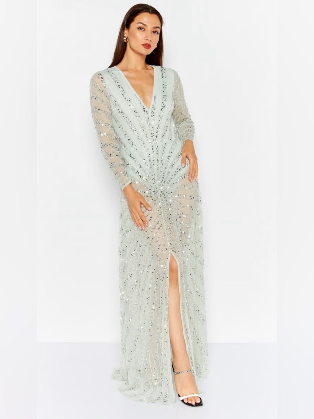 Starlet Sequin Embellished Sheer Maxi Dress Sage Green Size 10